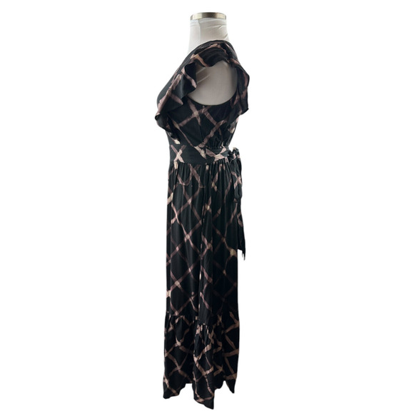The Odells Seville Ruffle Maxi Dress Printed Tie Belt Pockets Black Size Small - Picture 12 of 16